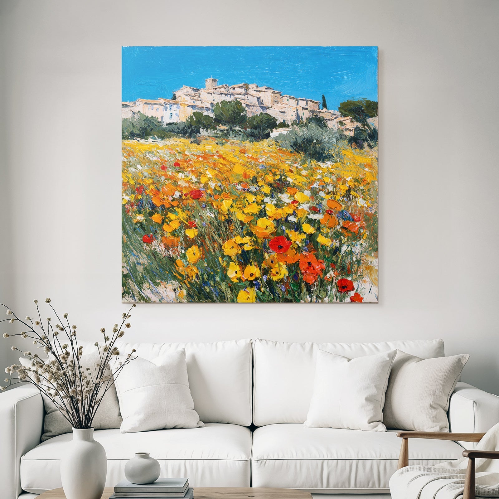 Lebendige Landschaft Impressionistische Malerei Blumen Wiese Dorf Himmel