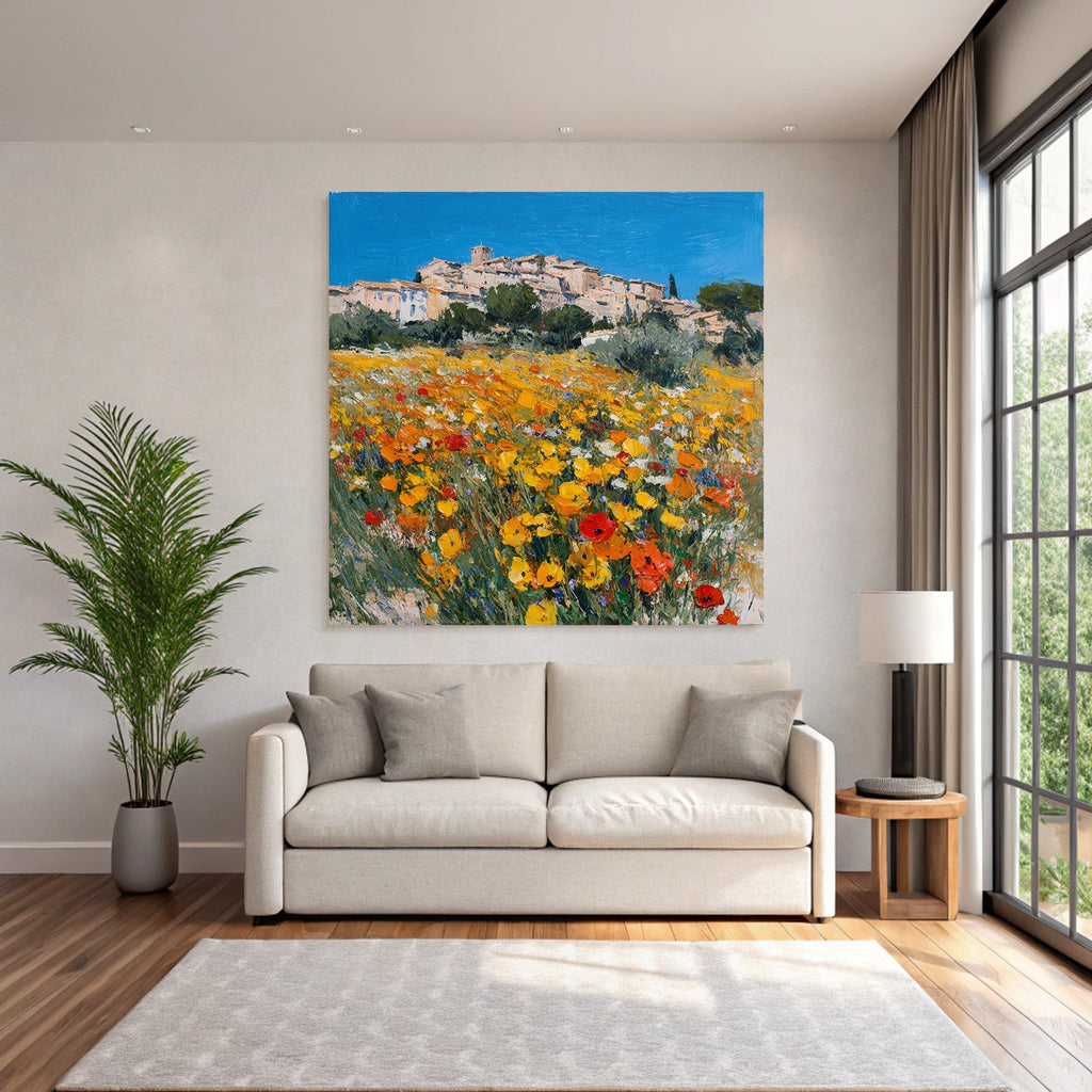 Lebendige Landschaft Impressionistische Malerei Blumen Wiese Dorf Himmel