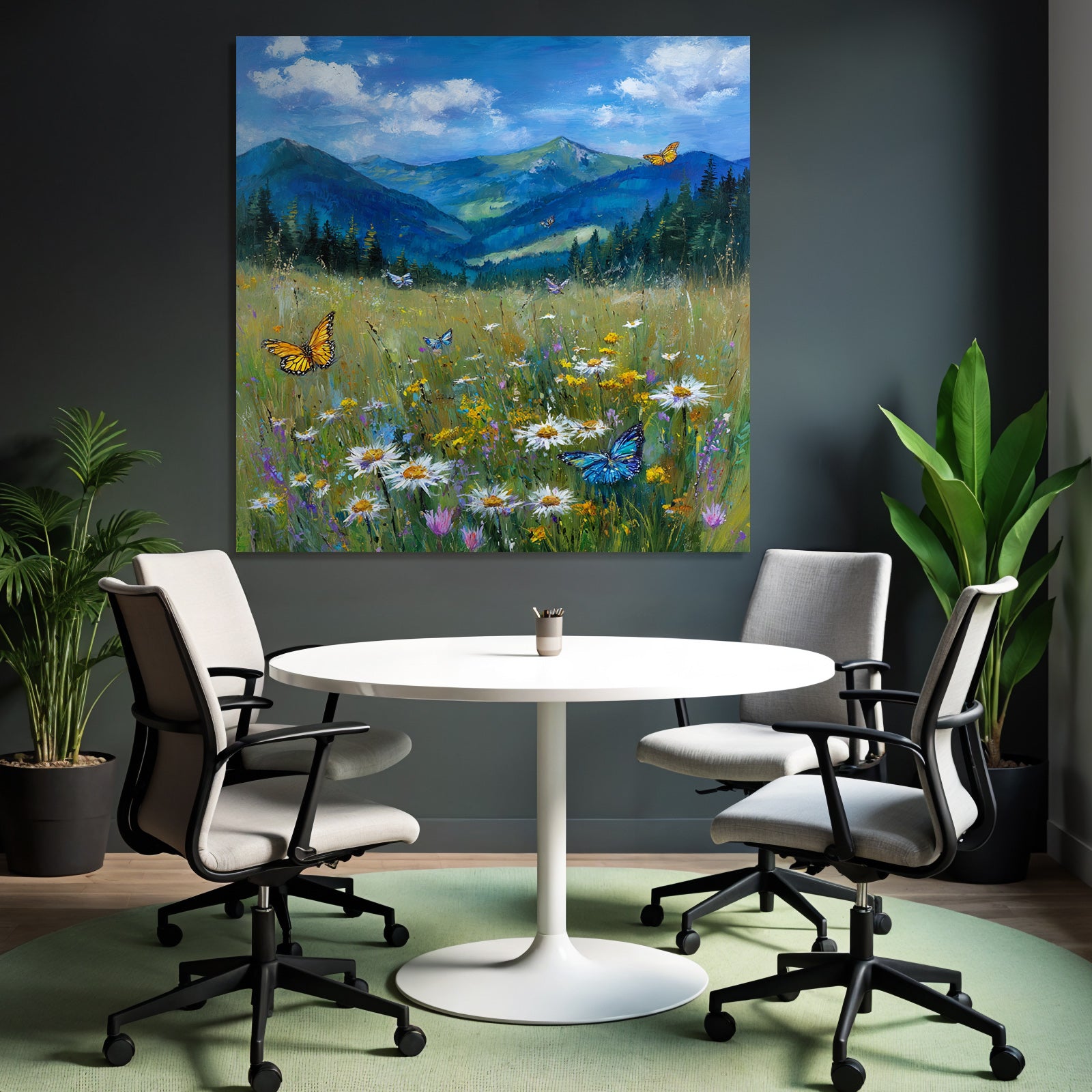 Lebendige Landschaft Wildblumen Schmetterlinge Grüne Höhen Blaür Himmel