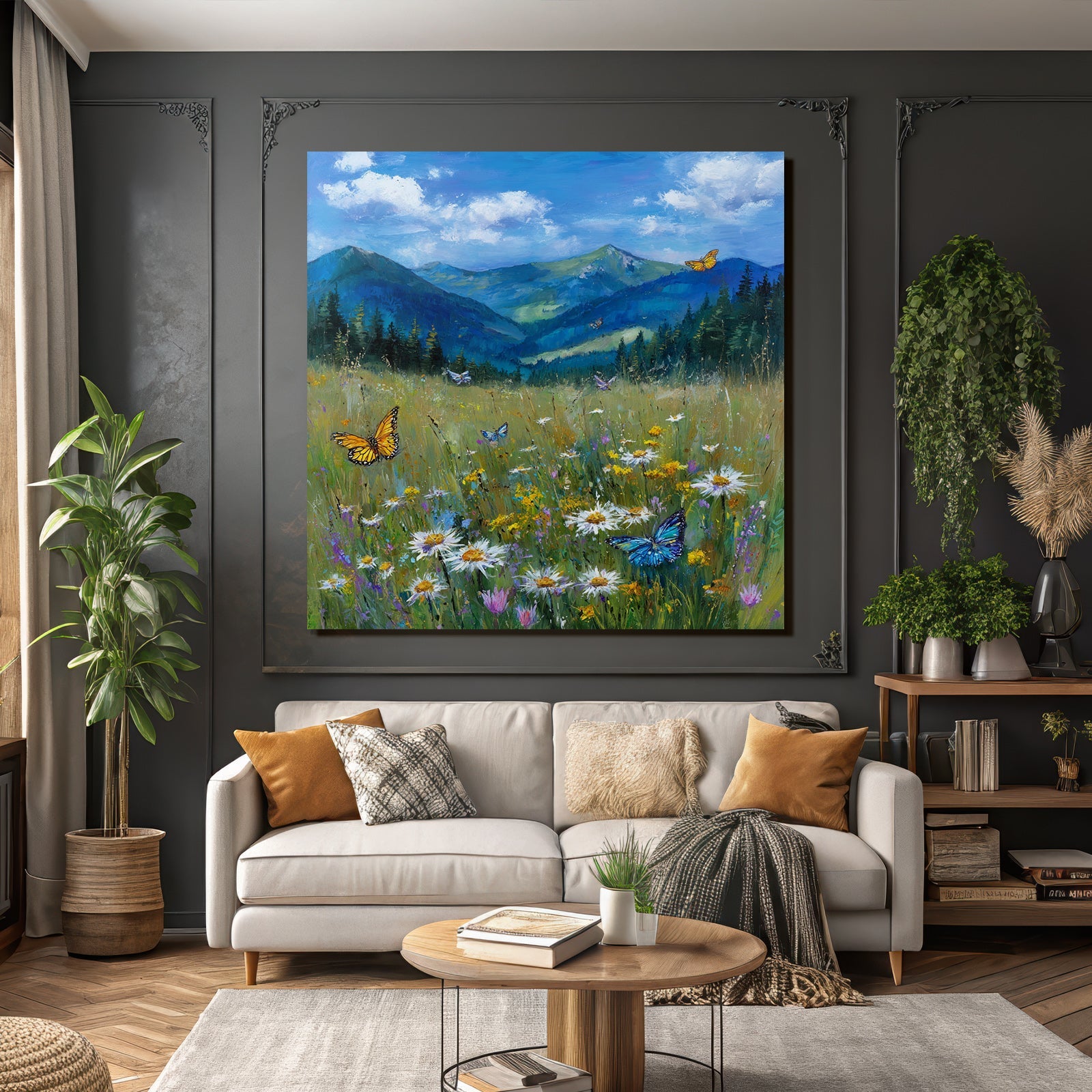 Lebendige Landschaft Wildblumen Schmetterlinge Grüne Höhen Blaür Himmel