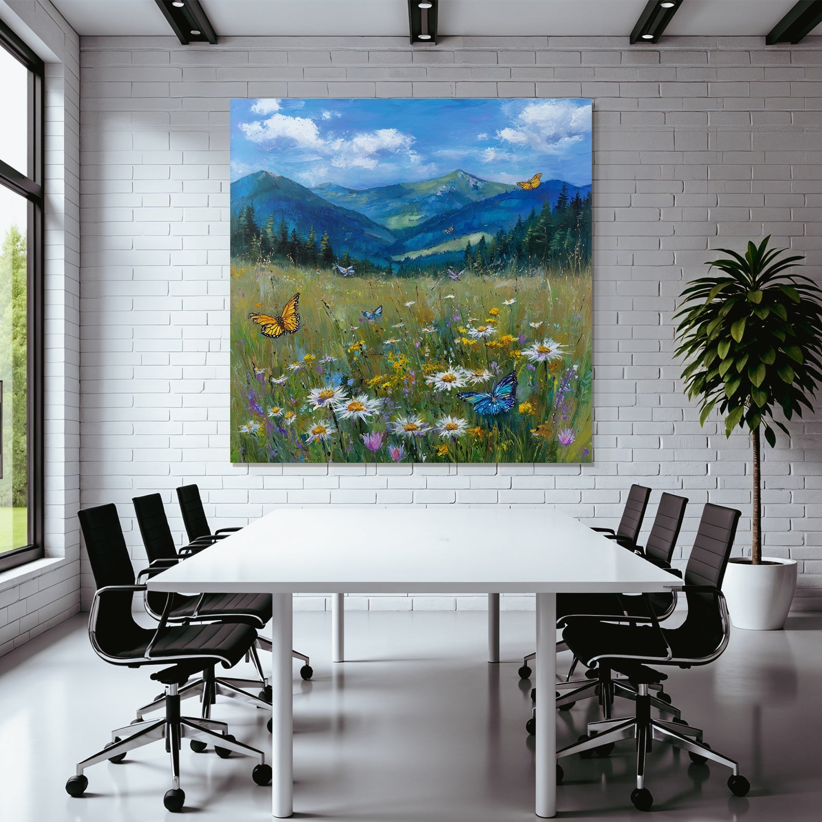 Lebendige Landschaft Wildblumen Schmetterlinge Grüne Höhen Blaür Himmel