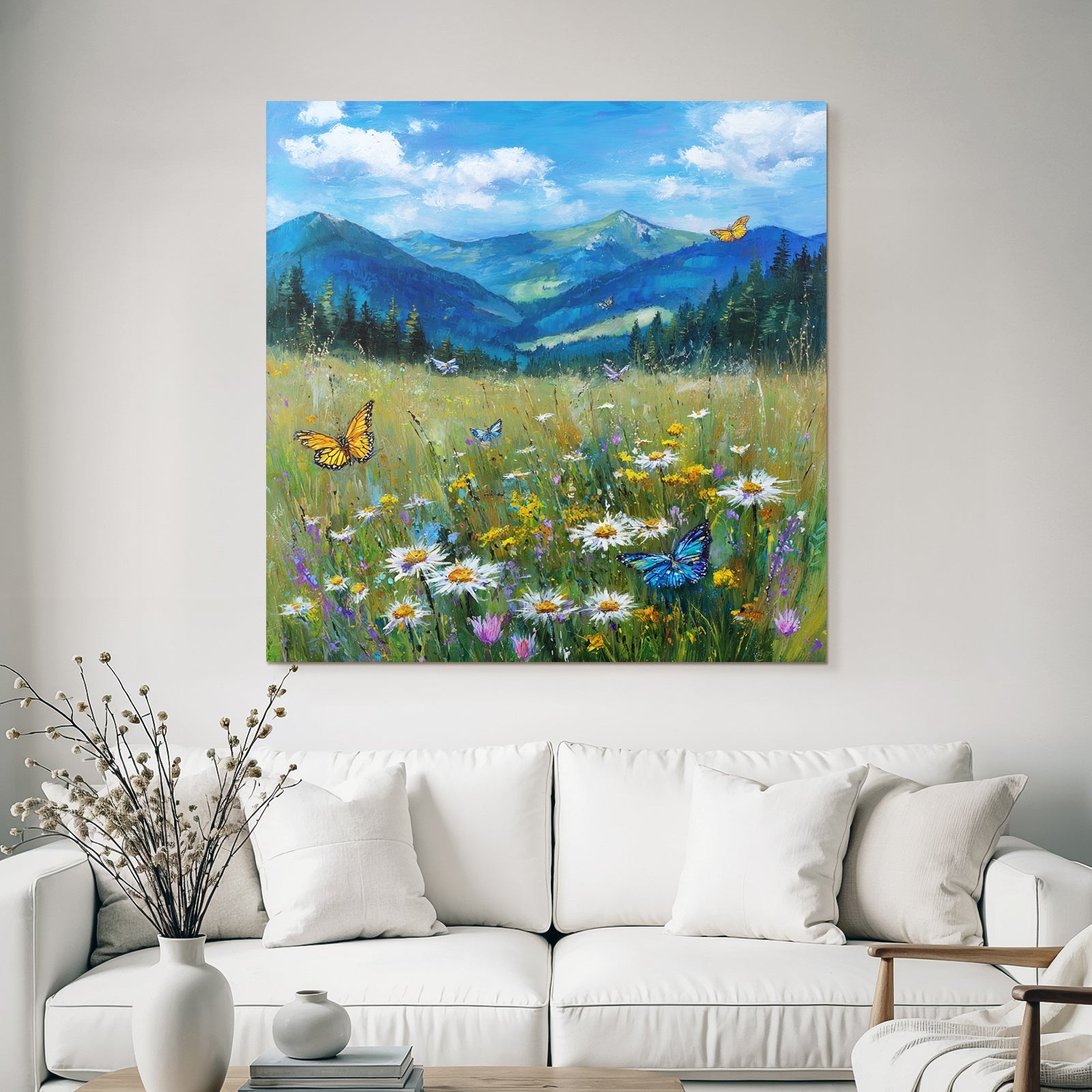 Lebendige Landschaft Wildblumen Schmetterlinge Grüne Höhen Blaür Himmel