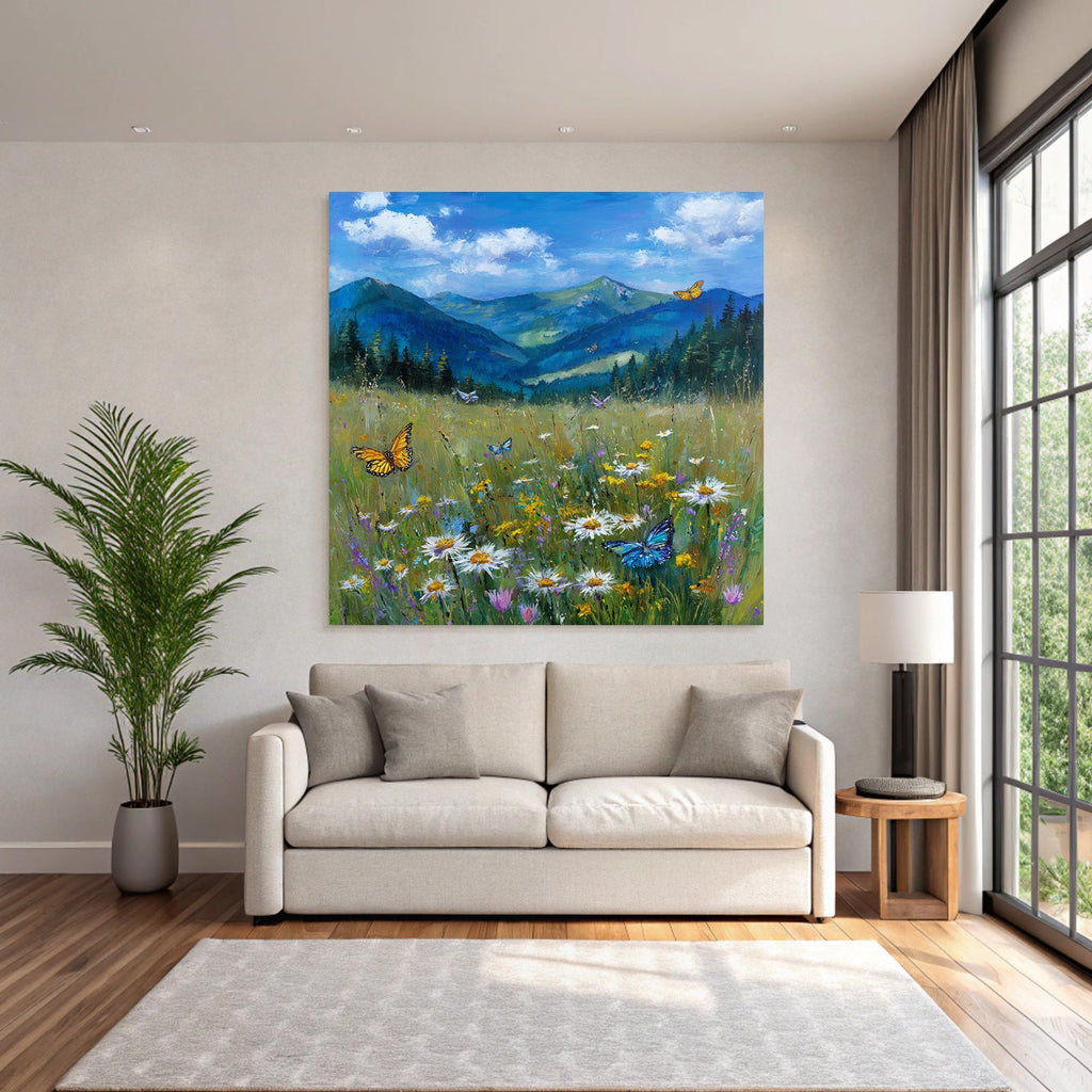 Lebendige Landschaft Wildblumen Schmetterlinge Grüne Höhen Blaür Himmel