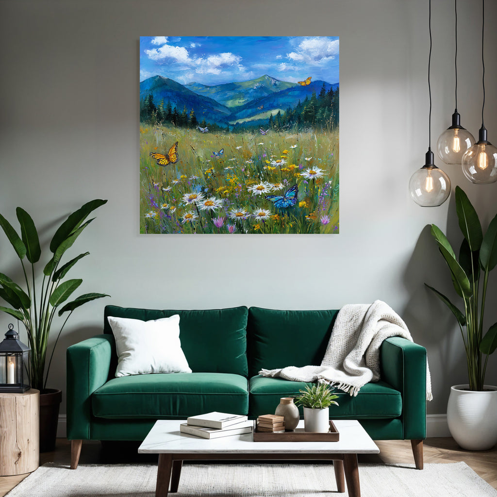 Lebendige Landschaft Wildblumen Schmetterlinge Grüne Höhen Blaür Himmel
