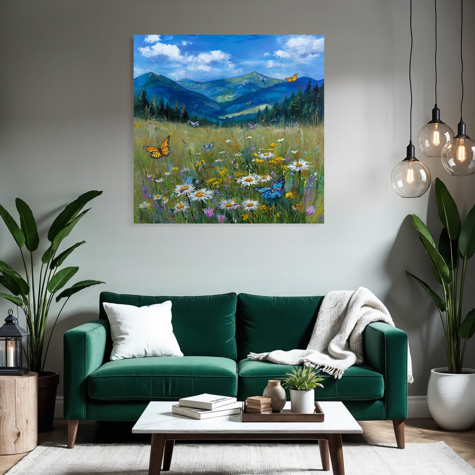 Lebendige Landschaft Wildblumen Schmetterlinge Grüne Höhen Blaür Himmel