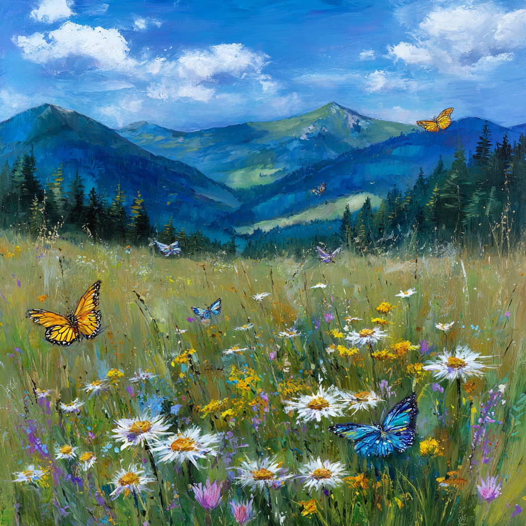 Lebendige Landschaft Wildblumen Schmetterlinge Grüne Höhen Blaür Himmel | Sommer | Jahreszeiten