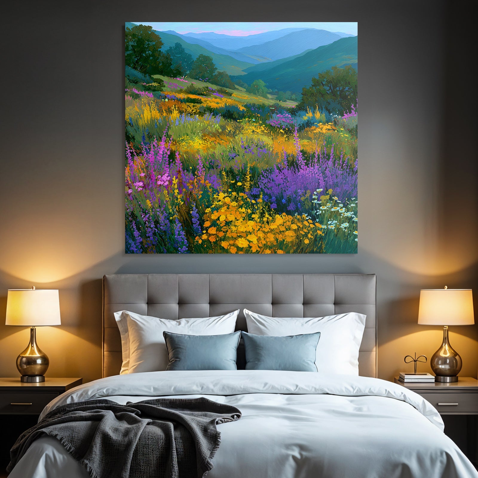 Lebendige Landschaft Wildblumen Wiese Hügel Und Berge