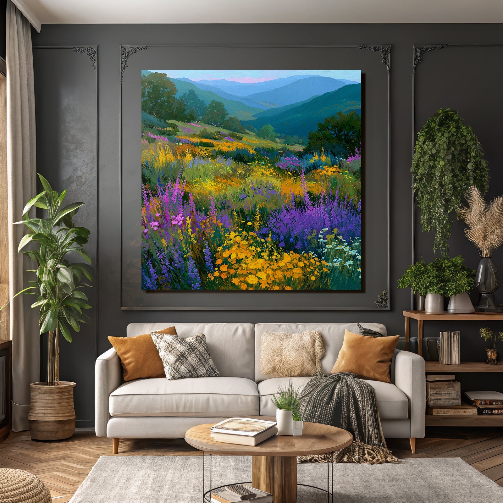 Lebendige Landschaft Wildblumen Wiese Hügel Und Berge