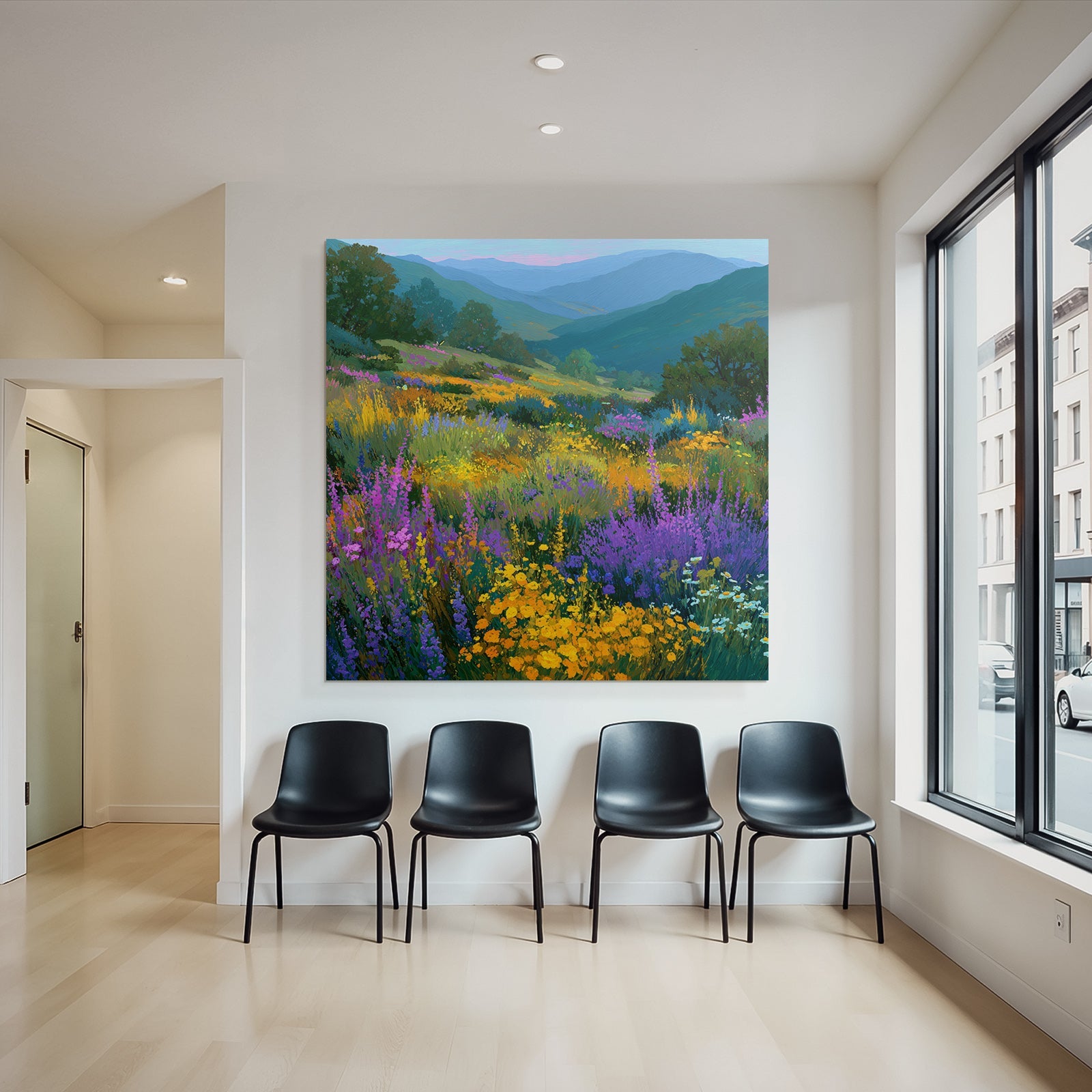 Lebendige Landschaft Wildblumen Wiese Hügel Und Berge