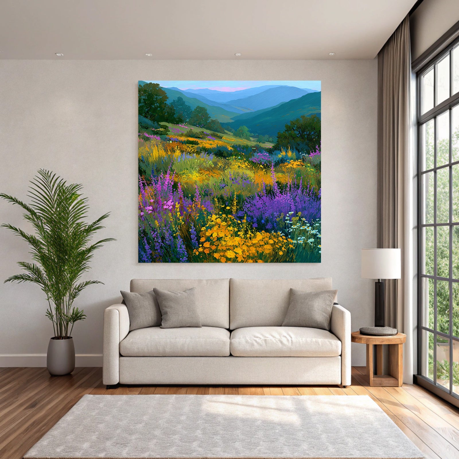 Lebendige Landschaft Wildblumen Wiese Hügel Und Berge