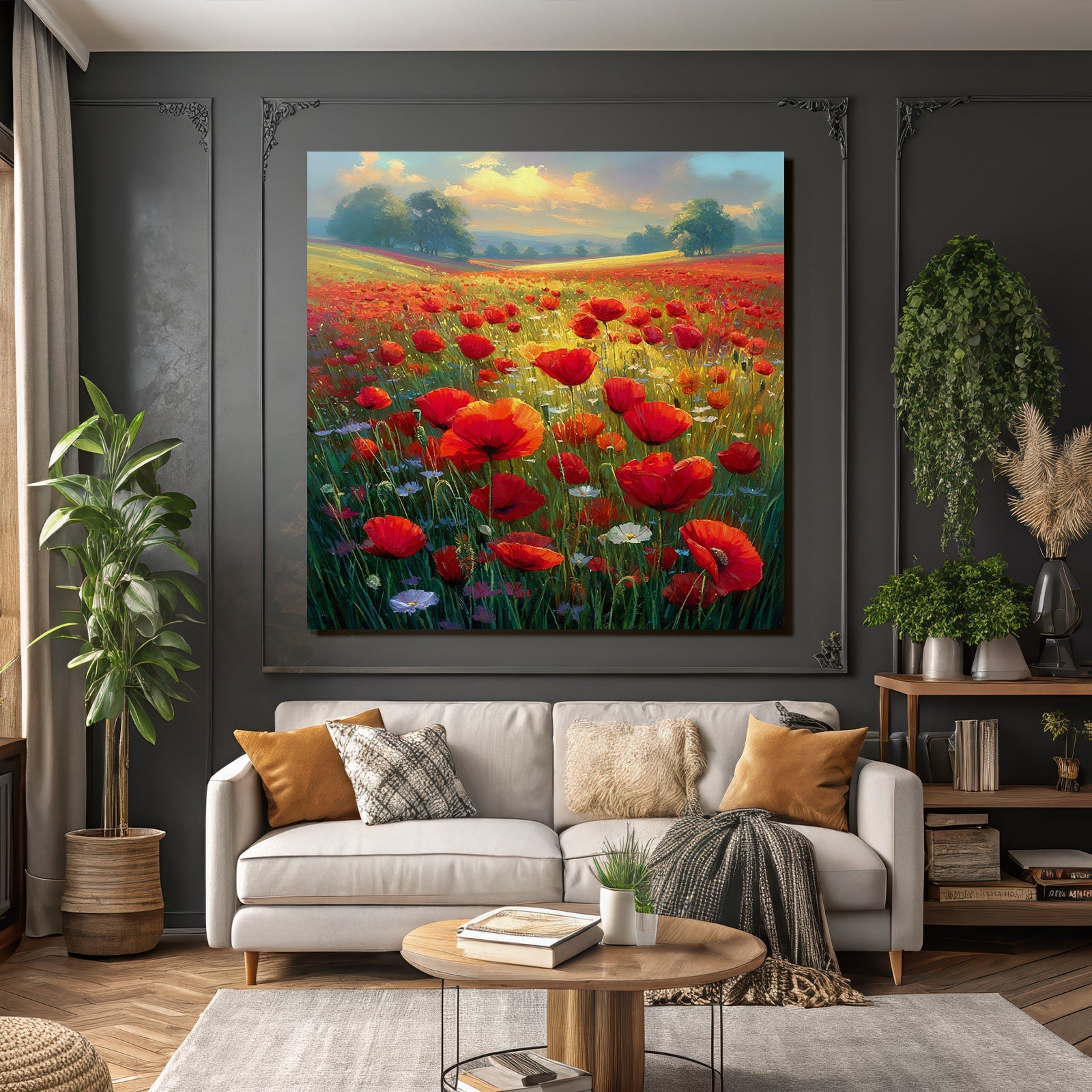Lebensfrohes Blumenfeld Mit Roten Papaver Weissen Und Violetten Blumen