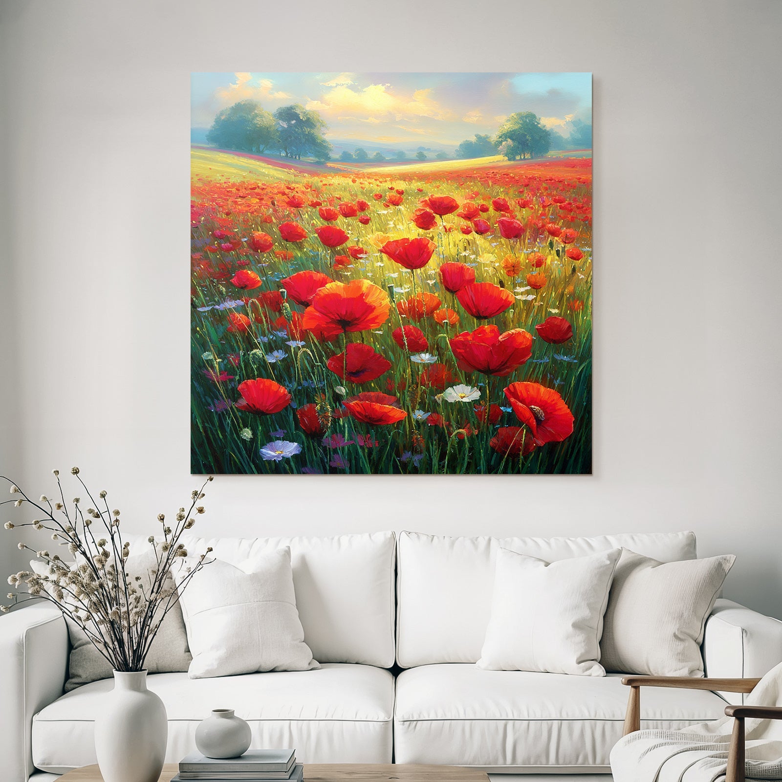Lebensfrohes Blumenfeld Mit Roten Papaver Weissen Und Violetten Blumen