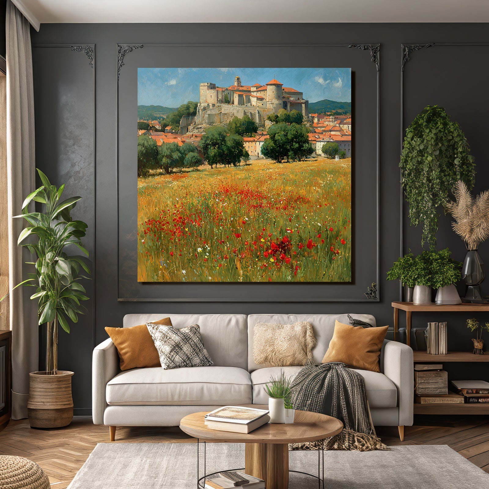 Malerische Landschaft Mit Burg Und Roten Mohnblumen