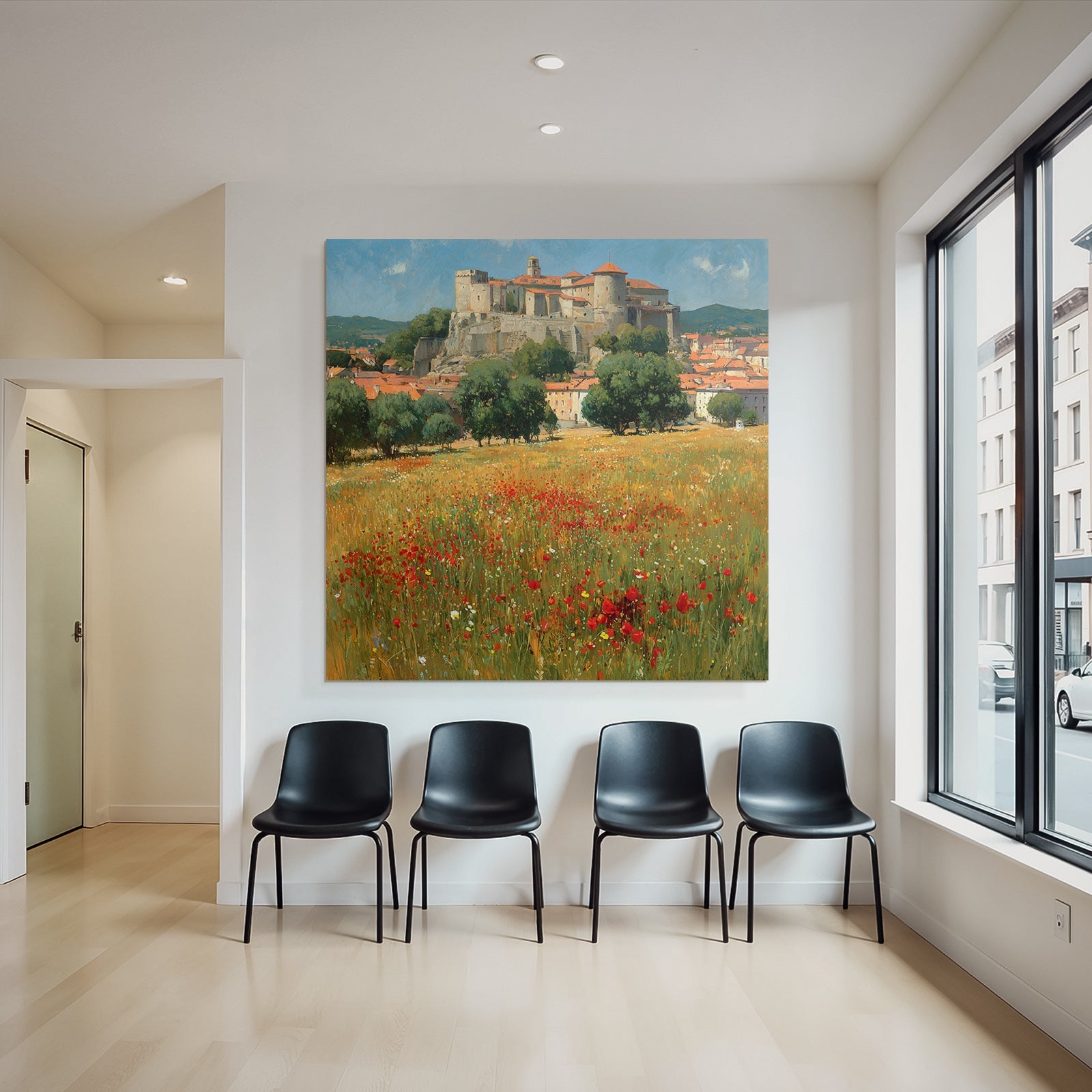 Malerische Landschaft Mit Burg Und Roten Mohnblumen