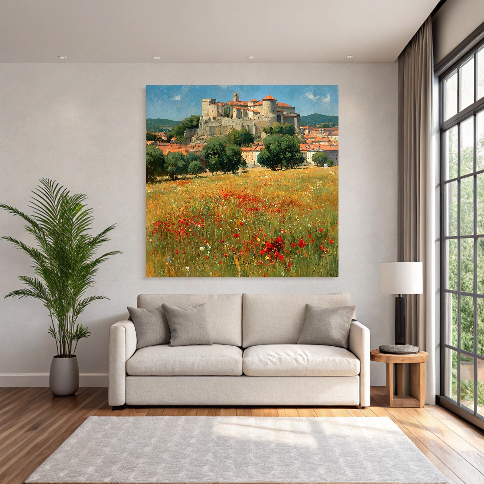 Malerische Landschaft Mit Burg Und Roten Mohnblumen