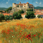 Malerische Landschaft Mit Burg Und Roten Mohnblumen | Sommer | Jahreszeiten