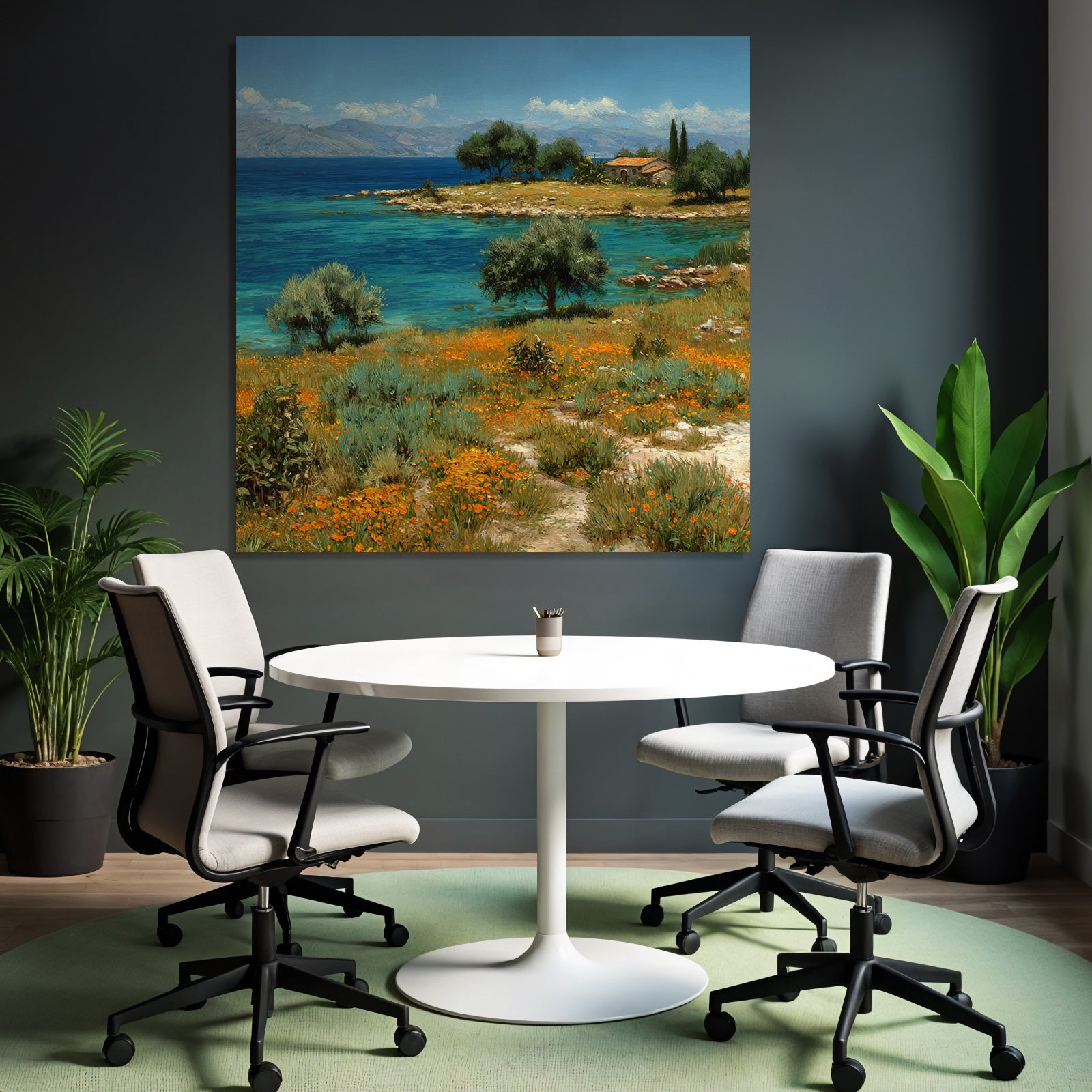 Ruhige Seelandschaft Mit Blumen Und Haus Beim Berg Himmel