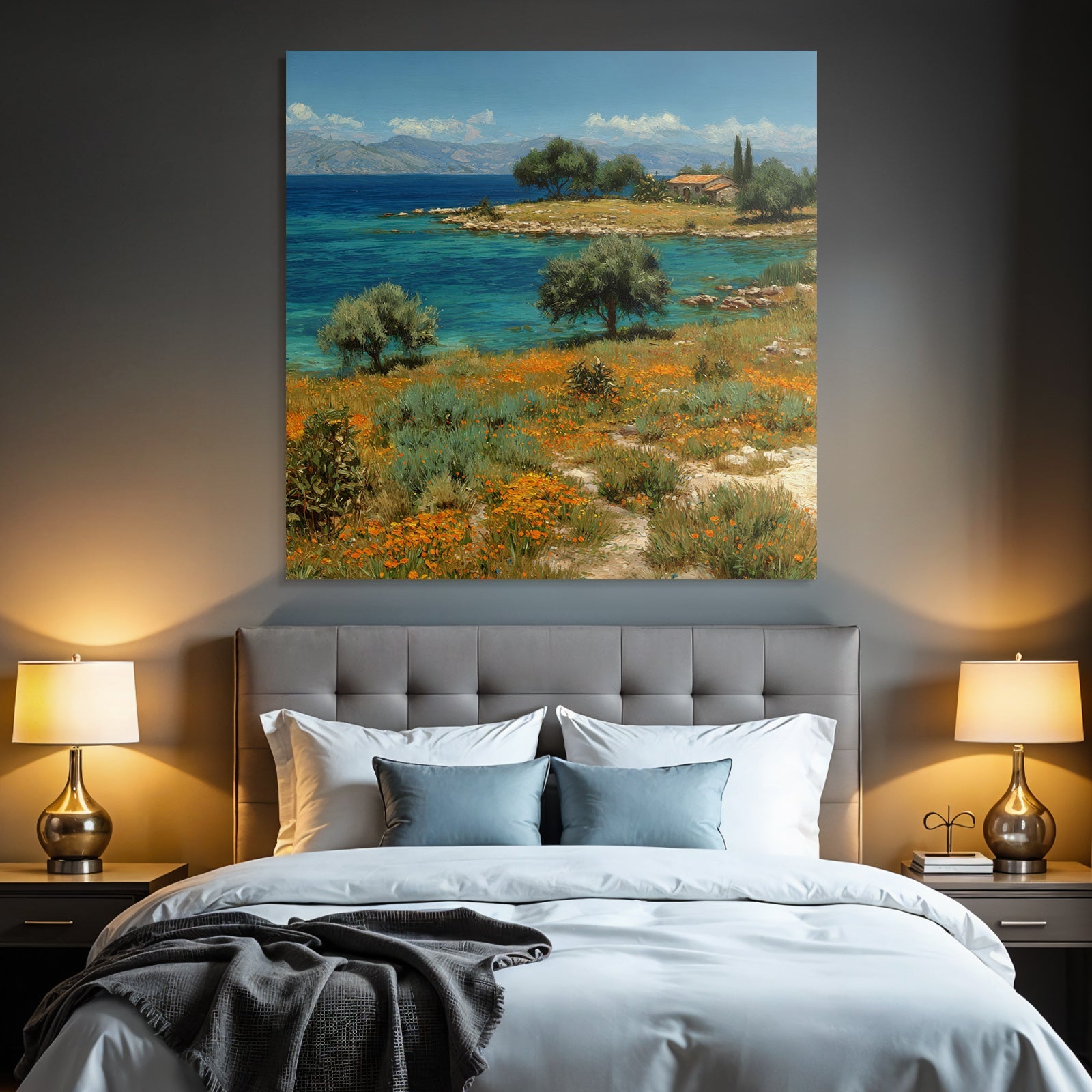 Ruhige Seelandschaft Mit Blumen Und Haus Beim Berg Himmel