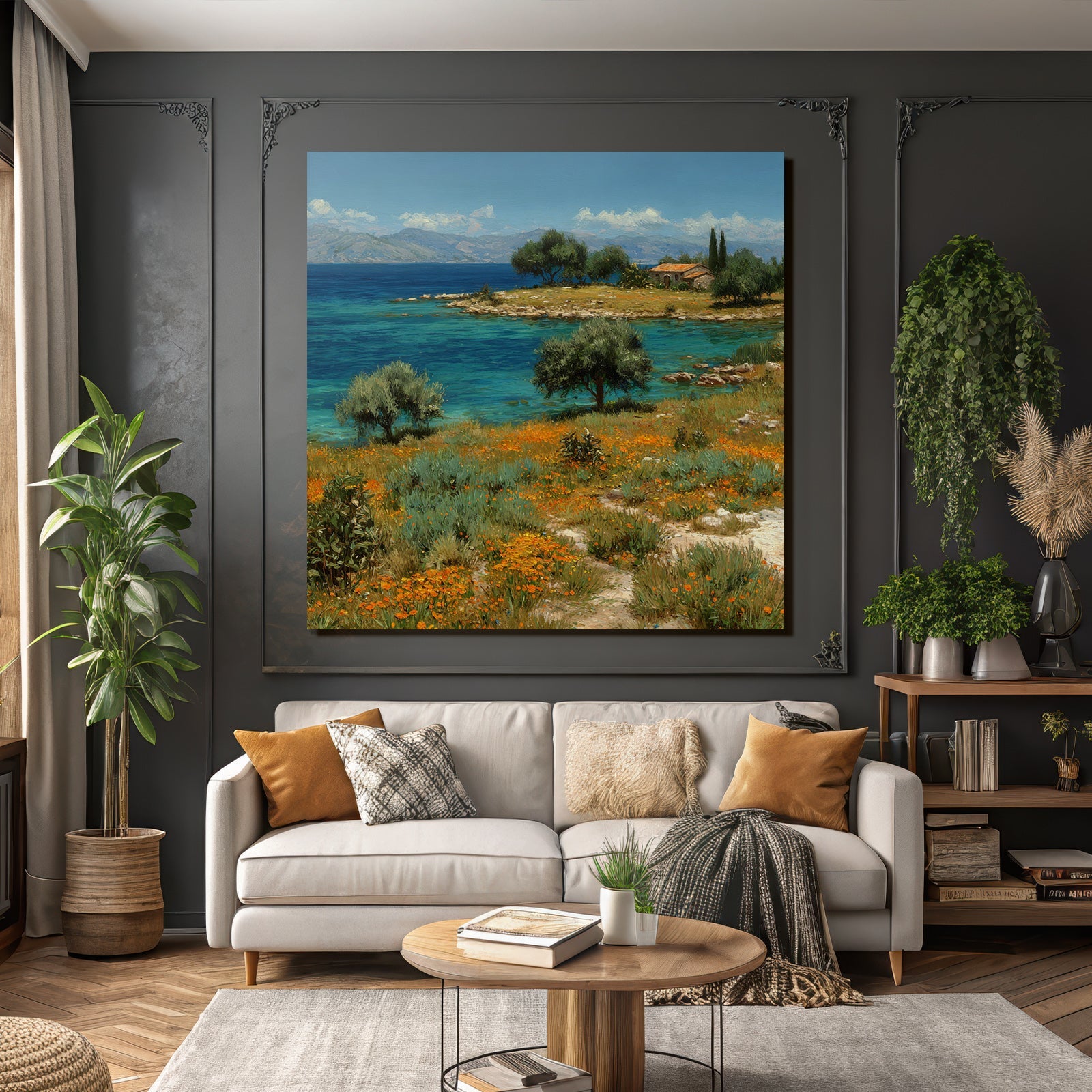 Ruhige Seelandschaft Mit Blumen Und Haus Beim Berg Himmel