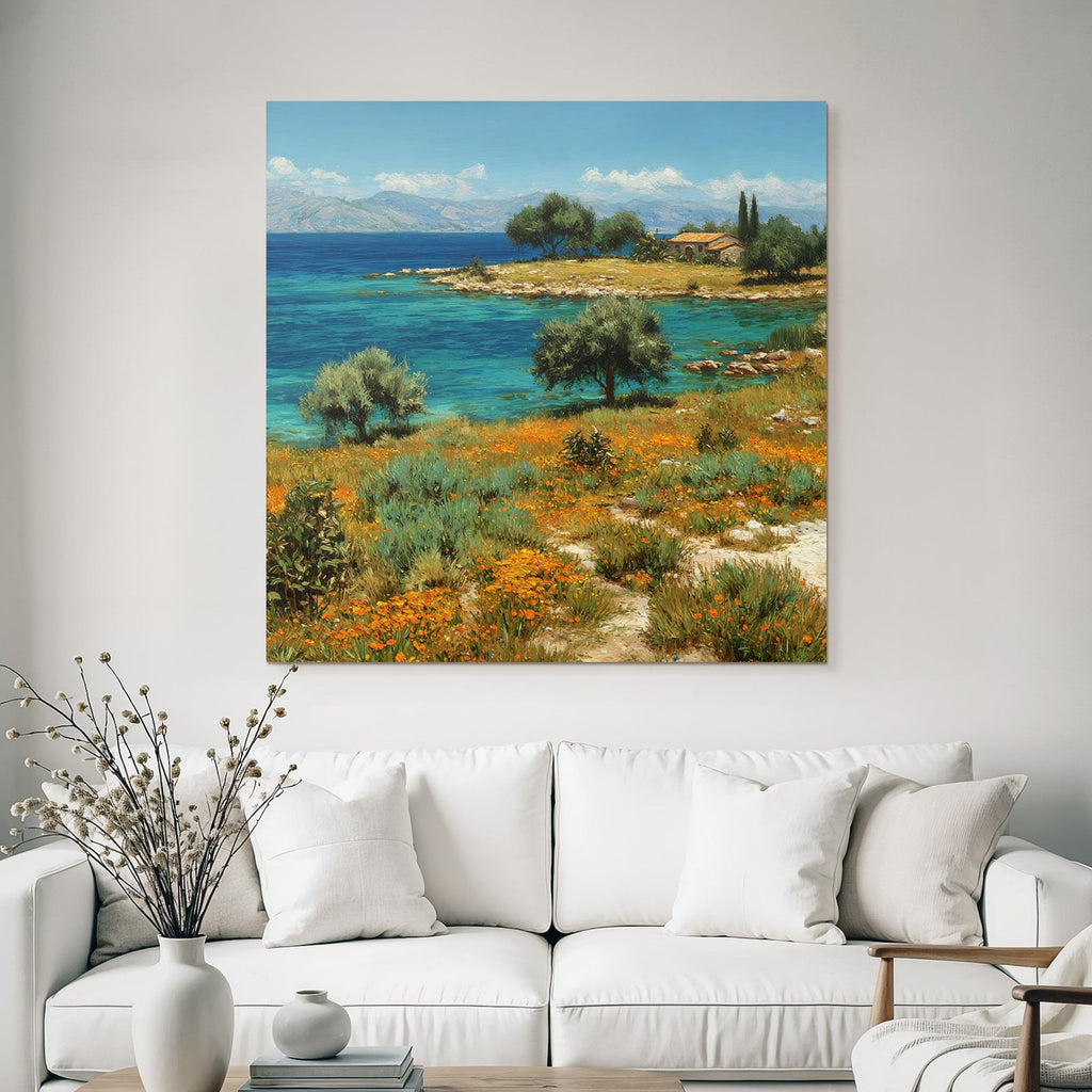 Ruhige Seelandschaft Mit Blumen Und Haus Beim Berg Himmel