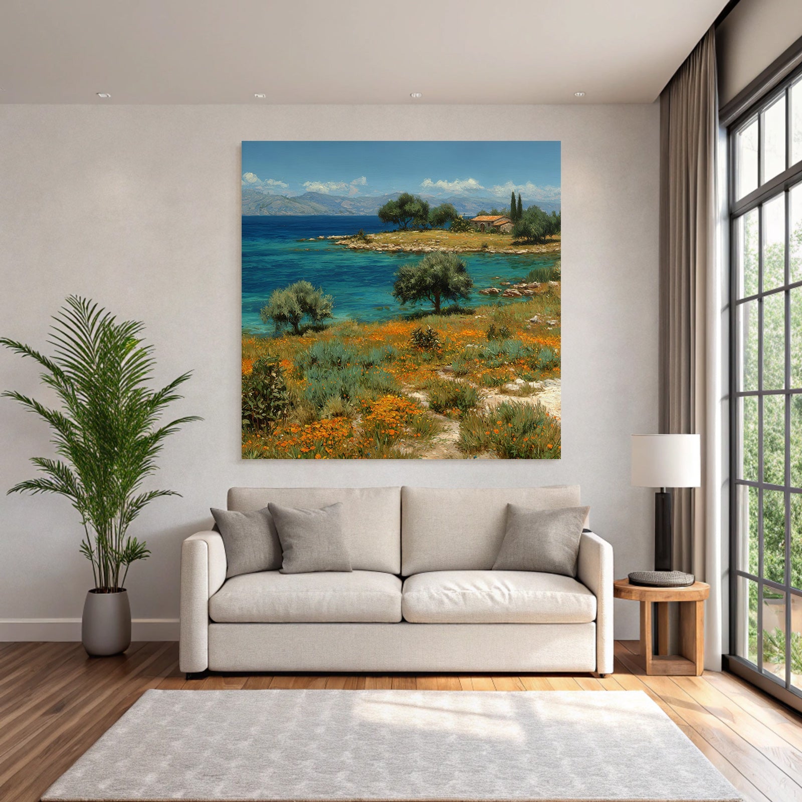 Ruhige Seelandschaft Mit Blumen Und Haus Beim Berg Himmel
