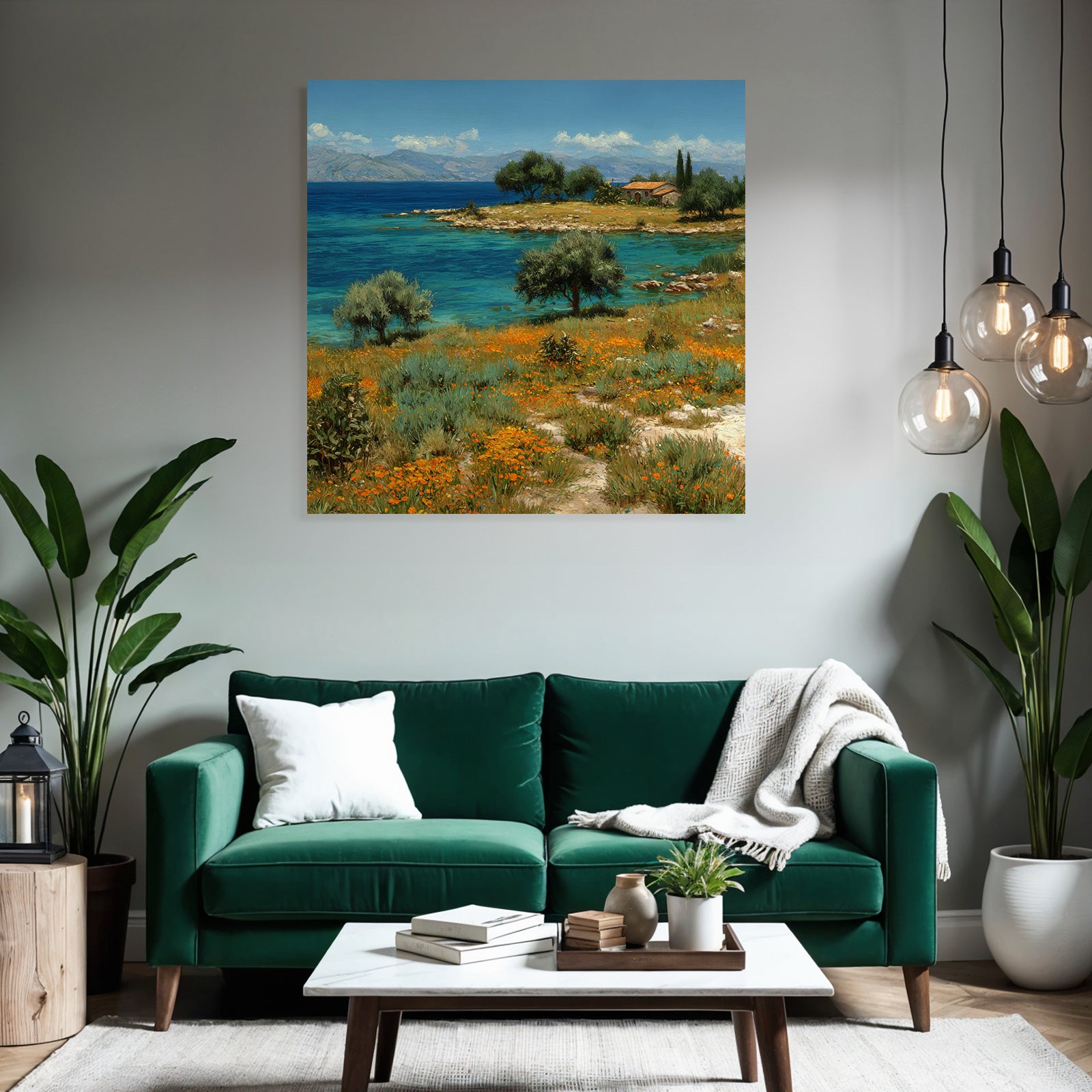 Ruhige Seelandschaft Mit Blumen Und Haus Beim Berg Himmel