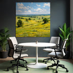 Scenic Landscape Rolling Hills Green Yellow Fields Blü Sky Fluffy Clouds