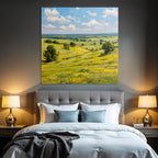 Scenic Landscape Rolling Hills Green Yellow Fields Blü Sky Fluffy Clouds