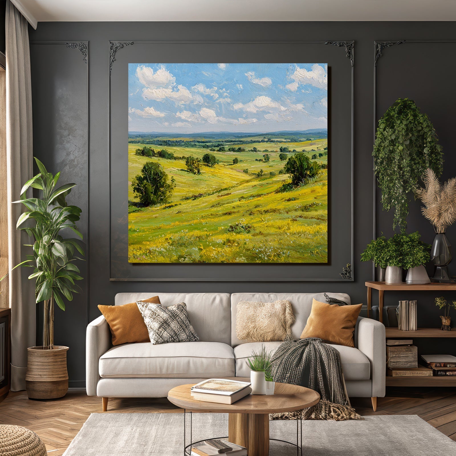 Scenic Landscape Rolling Hills Green Yellow Fields Blü Sky Fluffy Clouds