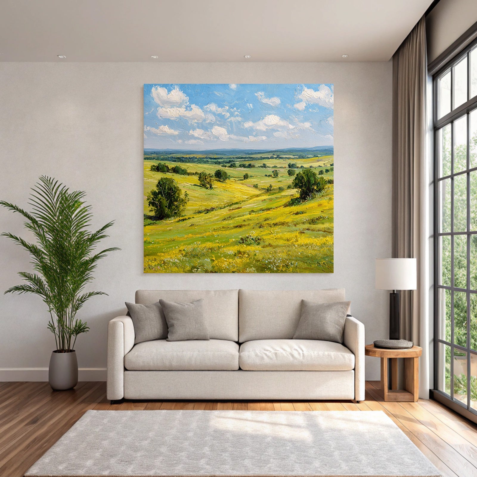 Scenic Landscape Rolling Hills Green Yellow Fields Blü Sky Fluffy Clouds