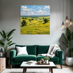 Scenic Landscape Rolling Hills Green Yellow Fields Blü Sky Fluffy Clouds