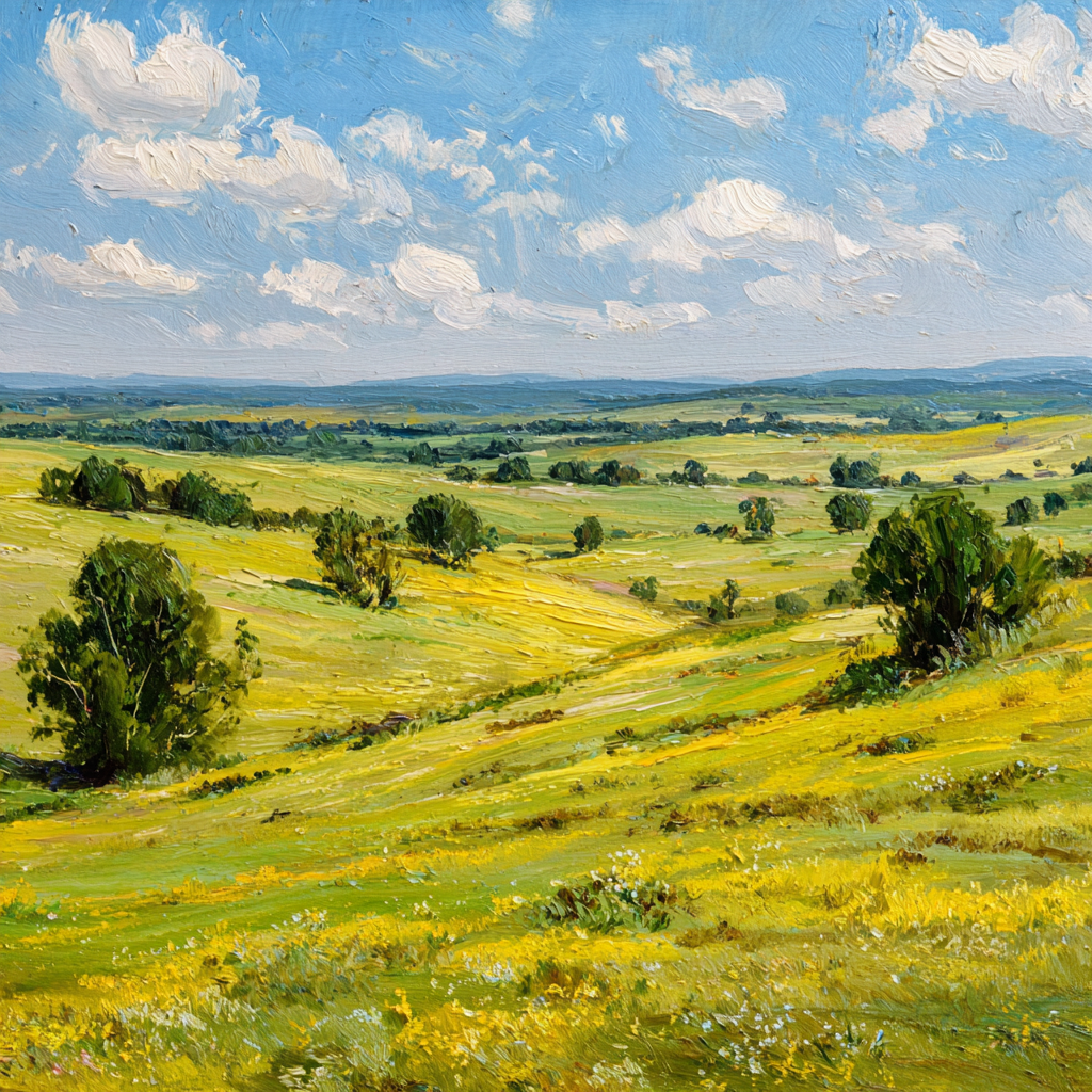 Scenic Landscape Rolling Hills Green Yellow Fields Blü Sky Fluffy Clouds | Sommer | Jahreszeiten