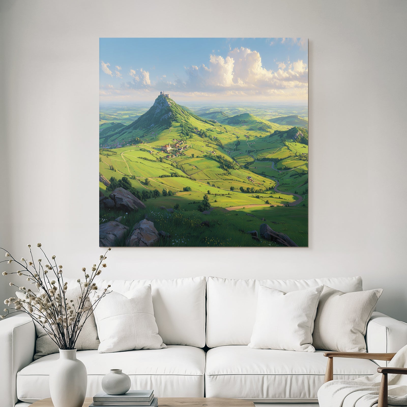 Szenische Landschaft Grüne Hügel Windende Strasse Burg Himmel Uwolken
