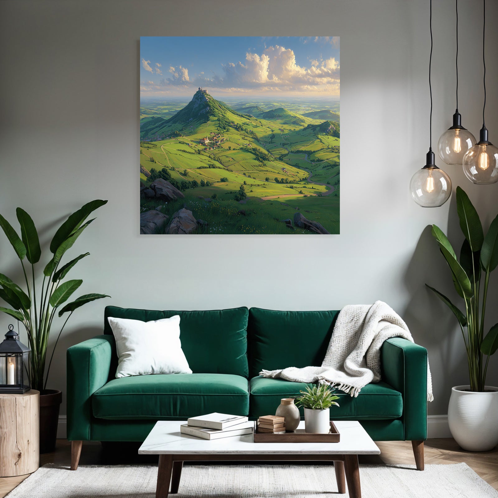 Szenische Landschaft Grüne Hügel Windende Strasse Burg Himmel Uwolken
