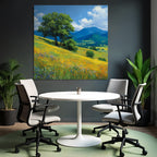 Vibrante Landlandschaft Mit Blumen Und Bäumen Unter Blaüm Himmel