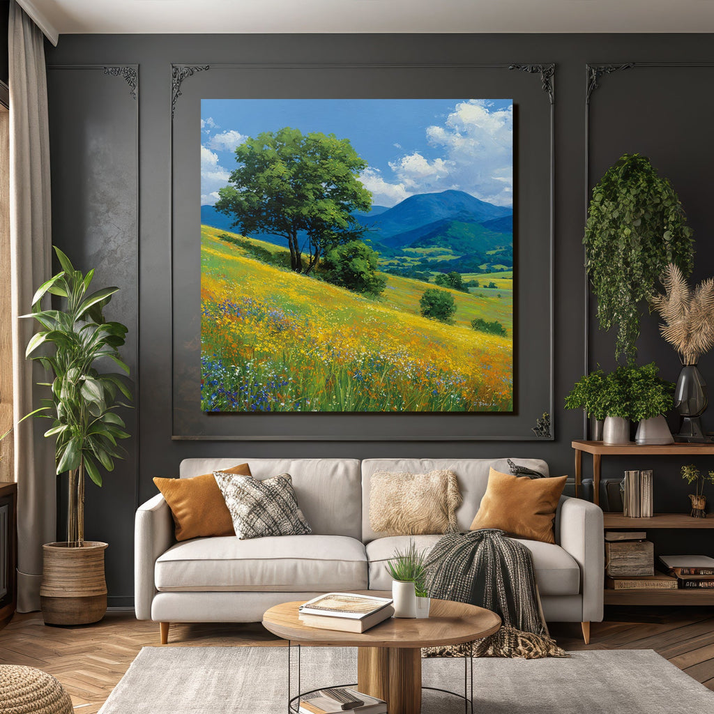 Vibrante Landlandschaft Mit Blumen Und Bäumen Unter Blaüm Himmel
