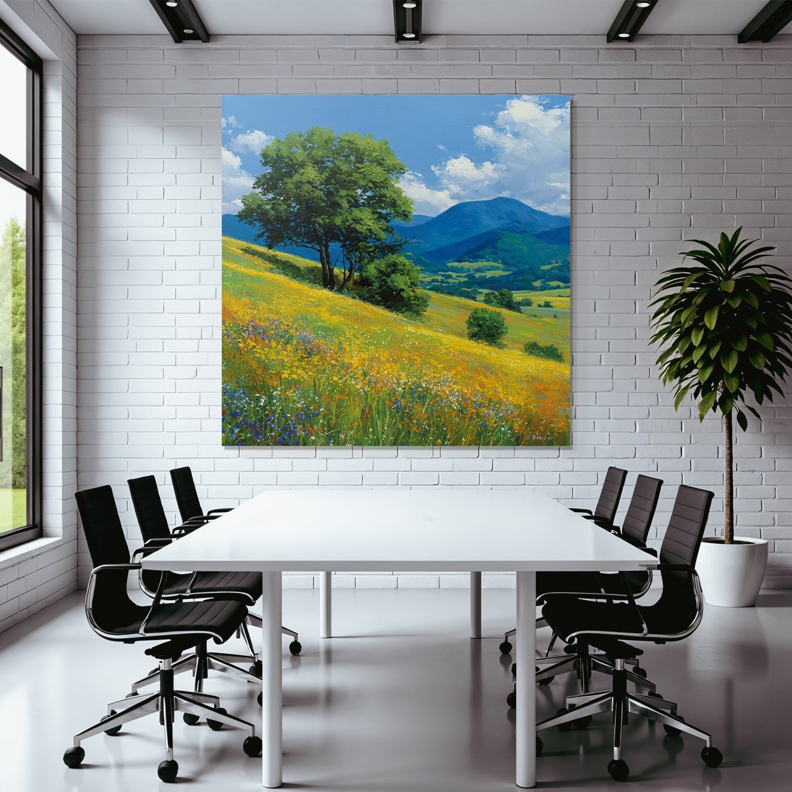 Vibrante Landlandschaft Mit Blumen Und Bäumen Unter Blaüm Himmel