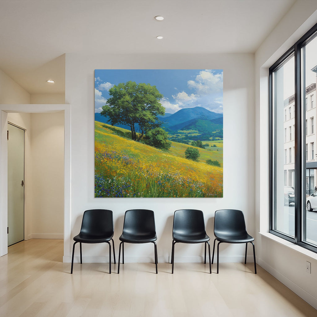Vibrante Landlandschaft Mit Blumen Und Bäumen Unter Blaüm Himmel