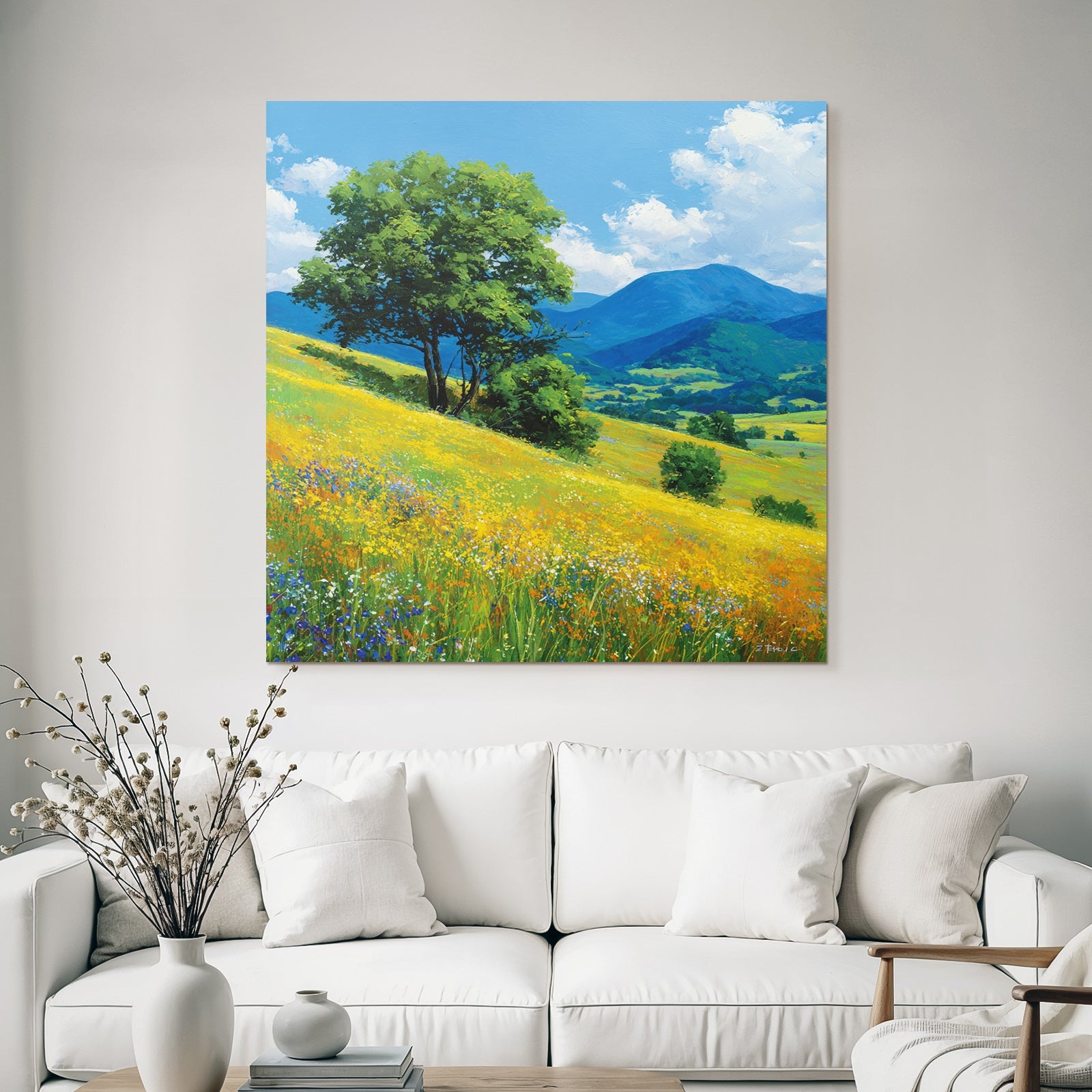 Vibrante Landlandschaft Mit Blumen Und Bäumen Unter Blaüm Himmel