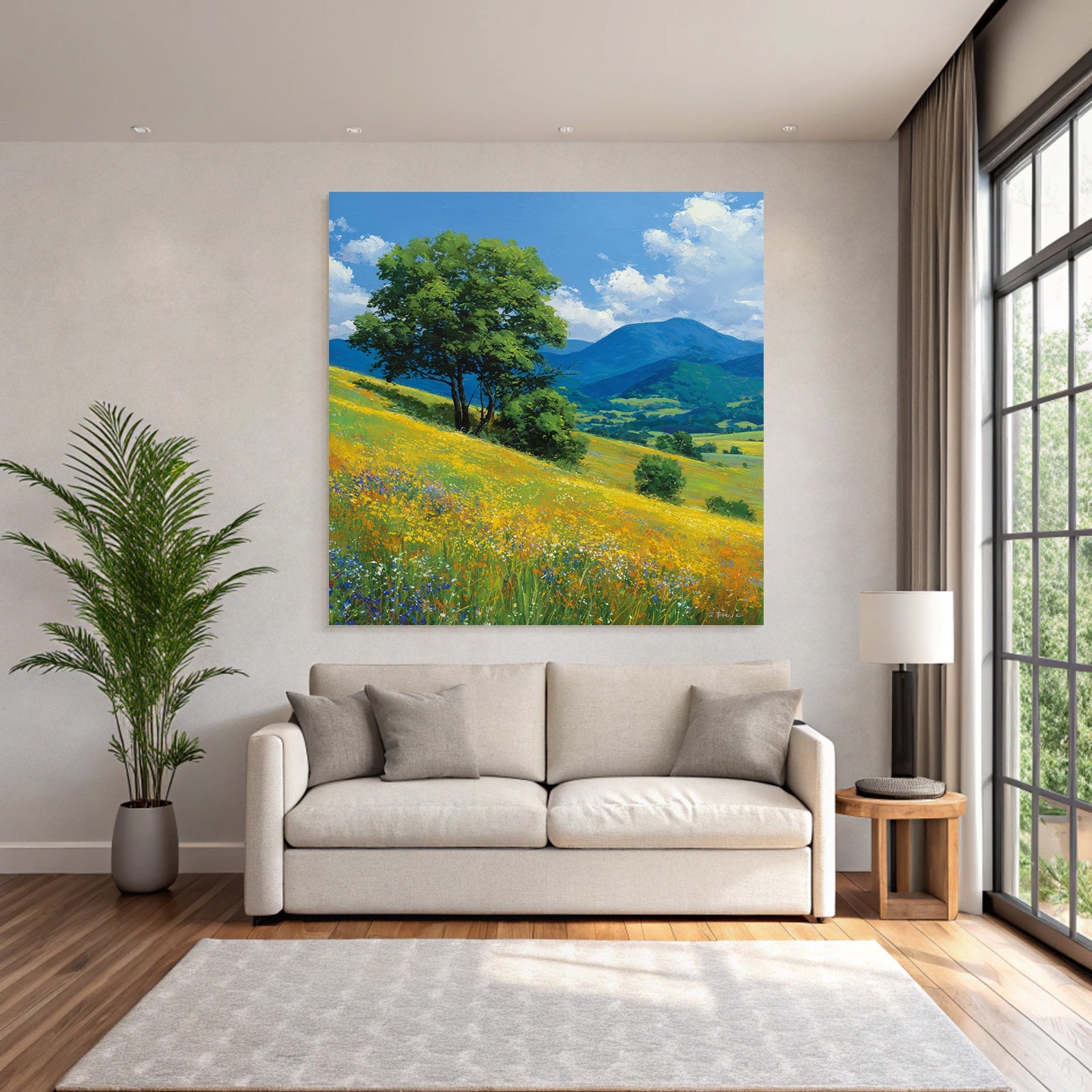 Vibrante Landlandschaft Mit Blumen Und Bäumen Unter Blaüm Himmel