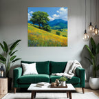 Vibrante Landlandschaft Mit Blumen Und Bäumen Unter Blaüm Himmel