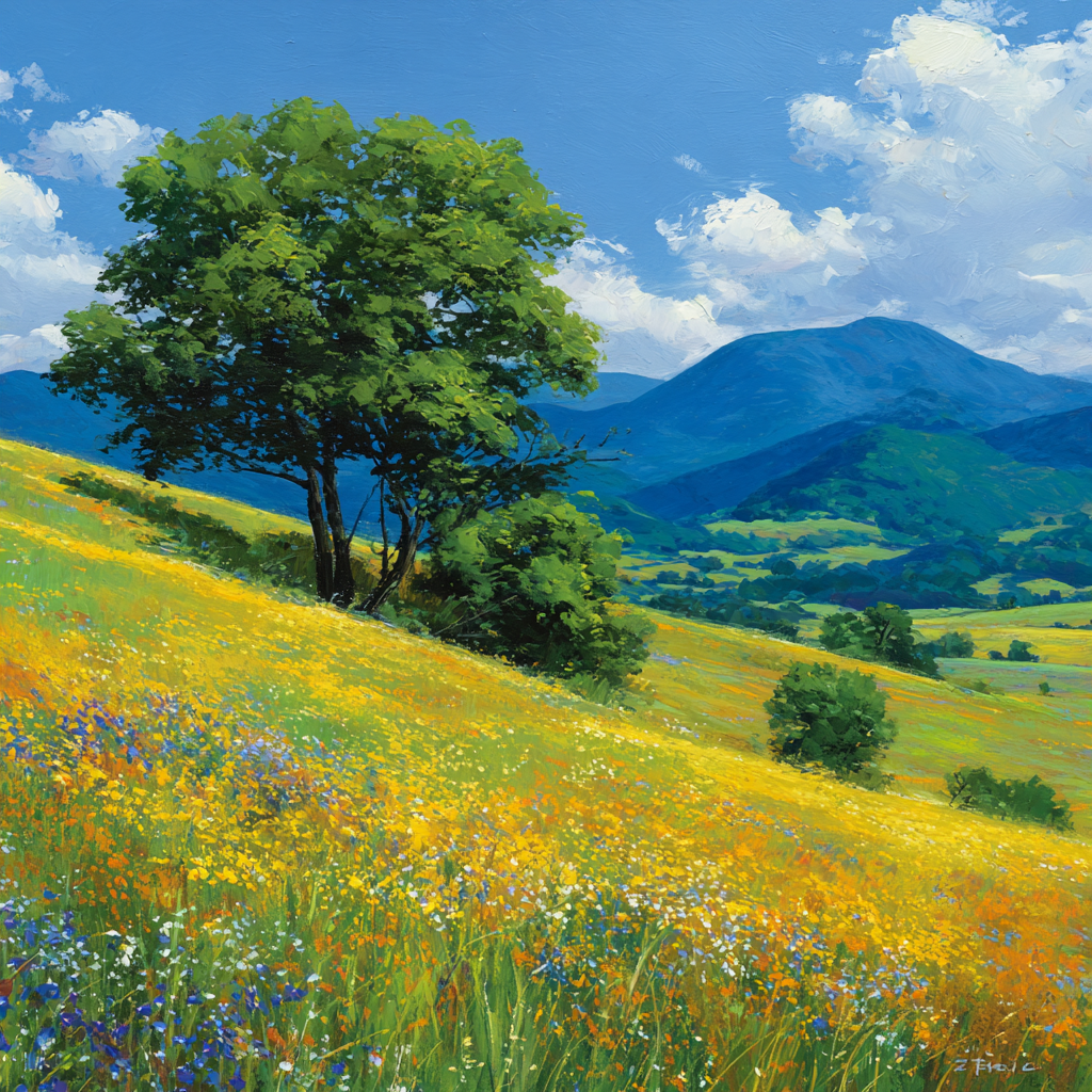 Vibrante Landlandschaft Mit Blumen Und Bäumen Unter Blaüm Himmel | Sommer | Jahreszeiten