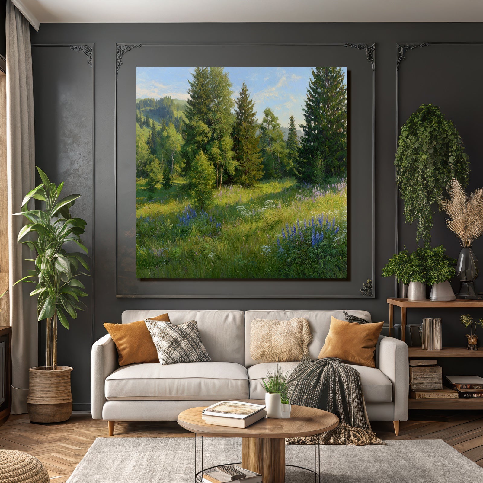 Vibrante Landschaft Mit Bäumen Und Wildblumen