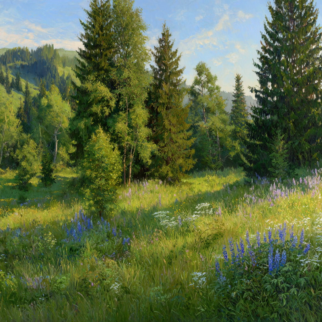 Vibrante Landschaft Mit Bäumen Und Wildblumen | Sommer | Jahreszeiten