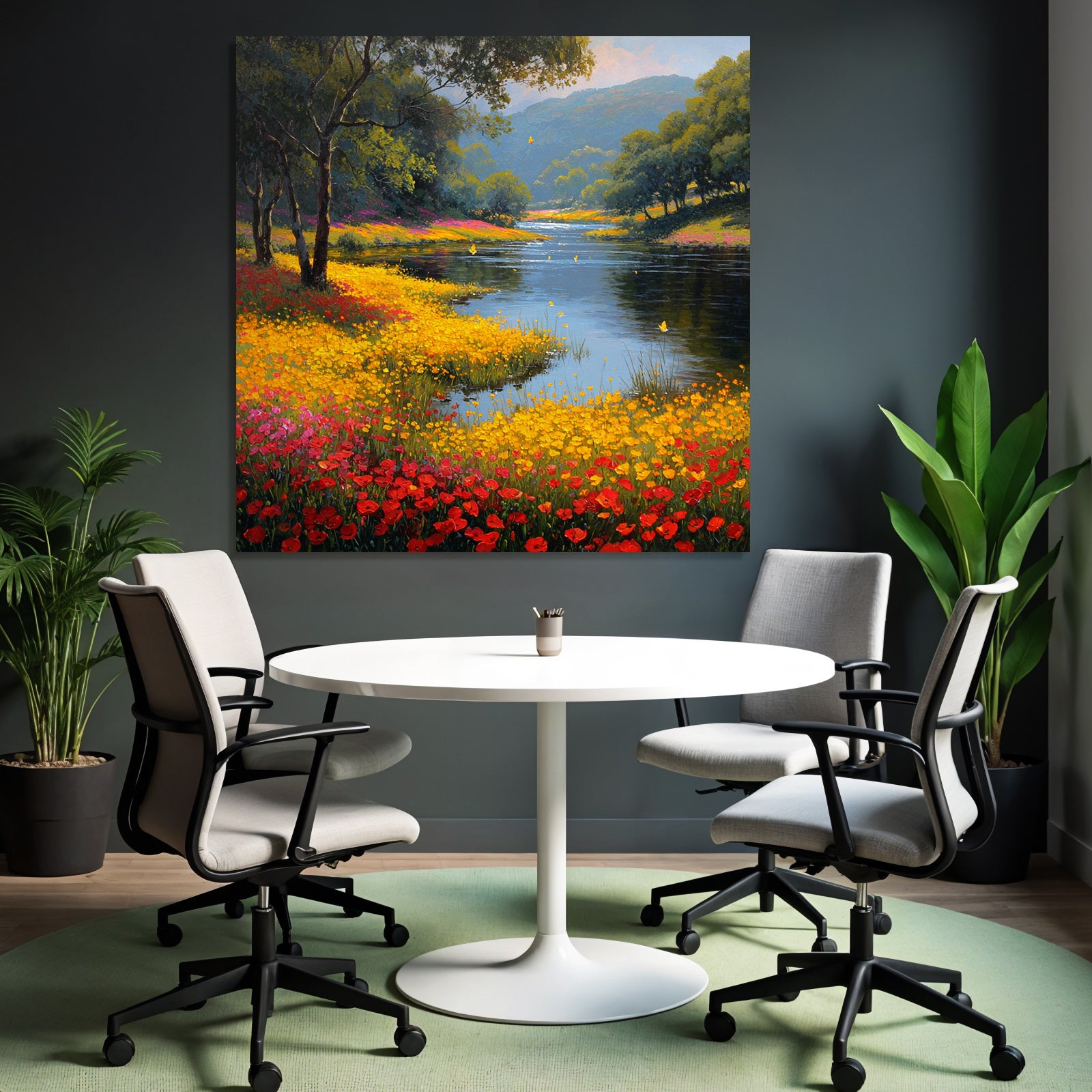 Vibrante Landschaft Mit Fluss Und Bunten Blumen