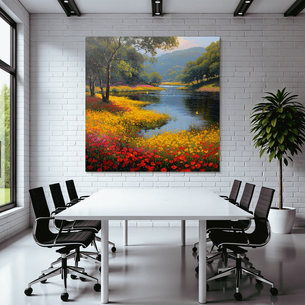 Vibrante Landschaft Mit Fluss Und Bunten Blumen