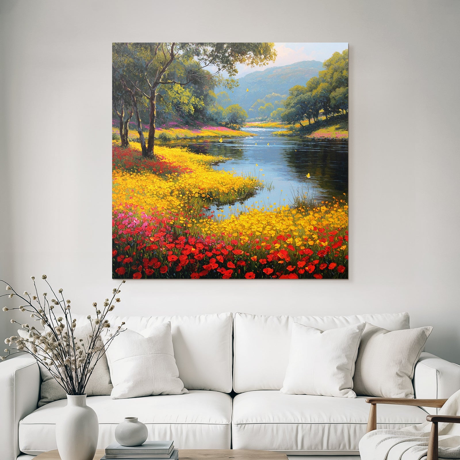 Vibrante Landschaft Mit Fluss Und Bunten Blumen