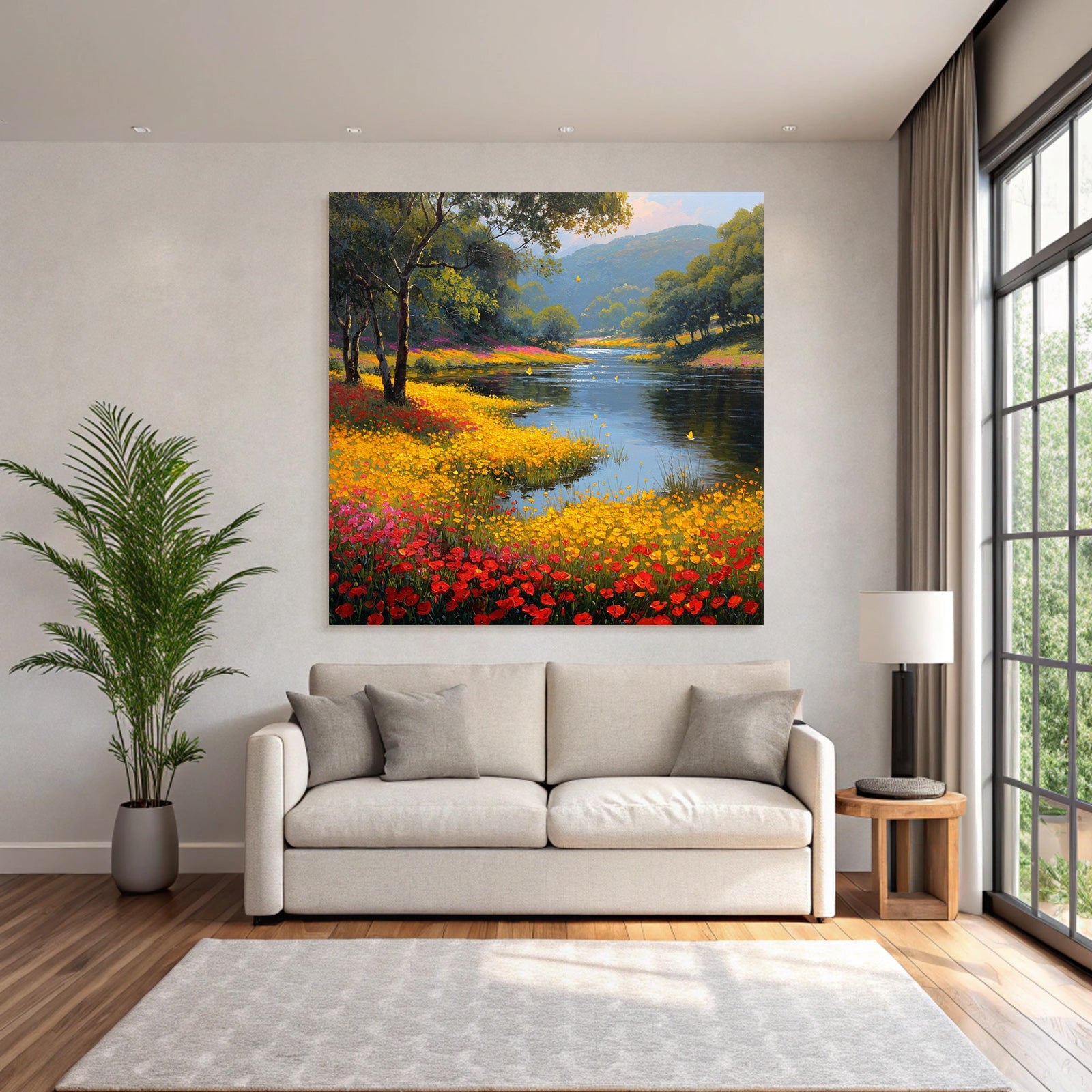 Vibrante Landschaft Mit Fluss Und Bunten Blumen