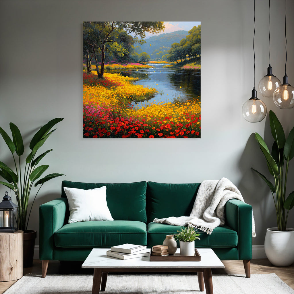 Vibrante Landschaft Mit Fluss Und Bunten Blumen