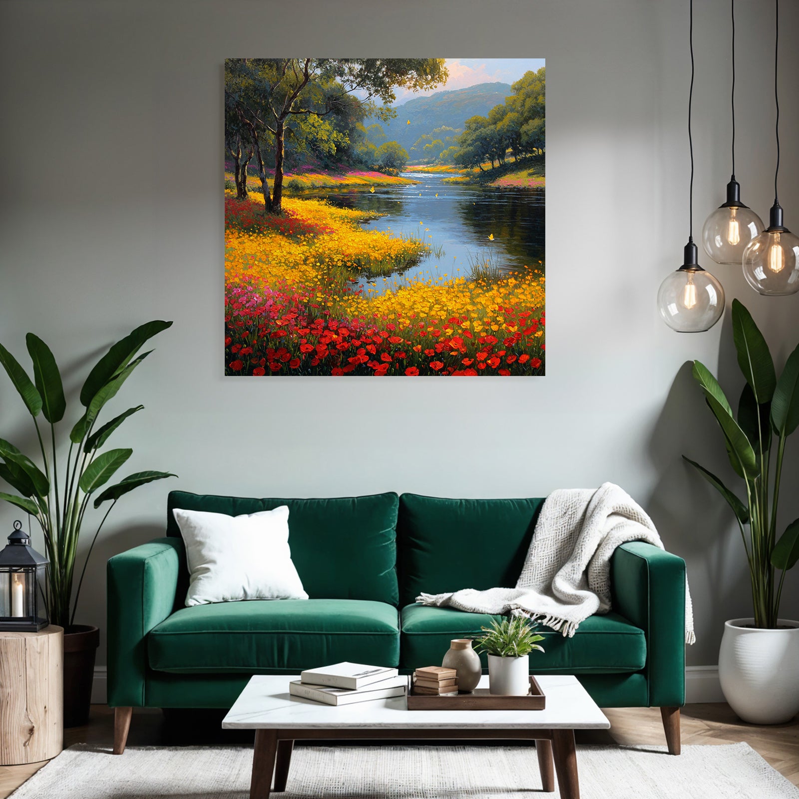 Vibrante Landschaft Mit Fluss Und Bunten Blumen